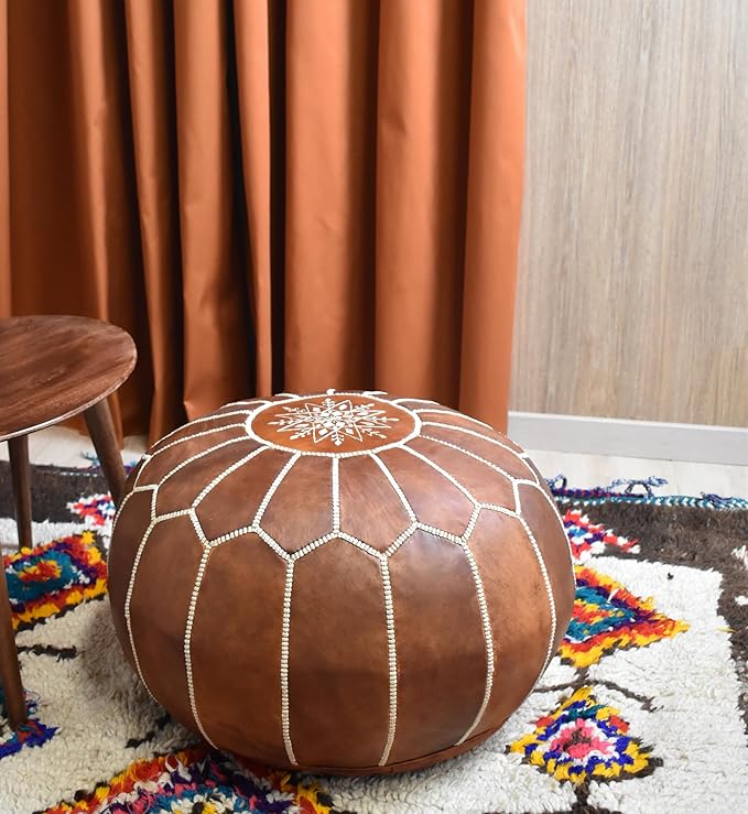 Poufs&Pillows Premium Moroccan Leather Pouf - Handmade - Delivered Stuffed - Ottoman, Footstool, Floor Cushion (Cognac Brown)