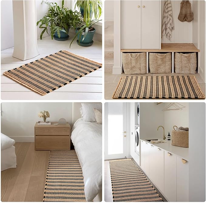 Waffle Bath Mat, Boho Bathroom Rugs Non Slip Washable Super Absorbent Quick Dry Bath Mat Farmhouse Bathroom Decor, 30"x20" Black and Khaki