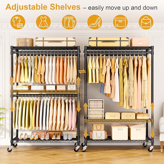 P5 Plus Rolling Clothes Rack Heavy Duty, Clothing Racks for Hanging Clothes, Metal Garment Rack with Wheels, 3-Tier Portable Closet Rack 45'' W × 20.5'' D × 80.5'' H, Max Load 660 Lbs, Black