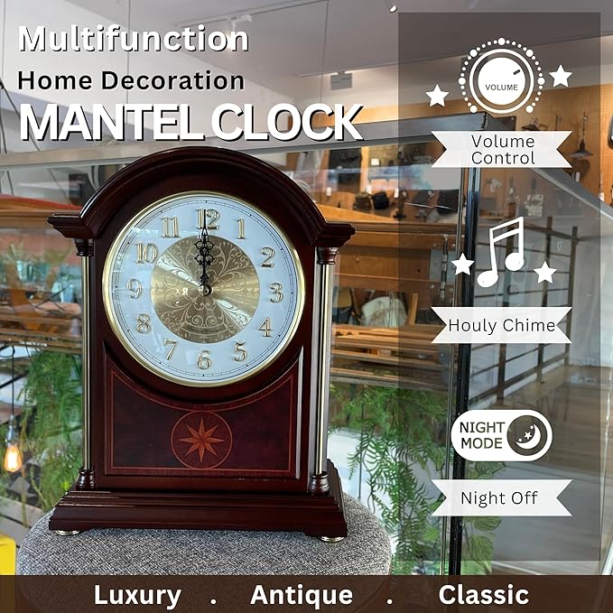 Mantel Clock Antique Classic Luxury Style Golden Clock Dial Alnus Wood Clock Frame Hourly Chime Non-Ticking Night Mode