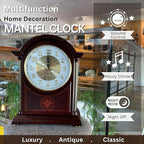 Mantel Clock Antique Classic Luxury Style Golden Clock Dial Alnus Wood Clock Frame Hourly Chime Non-Ticking Night Mode