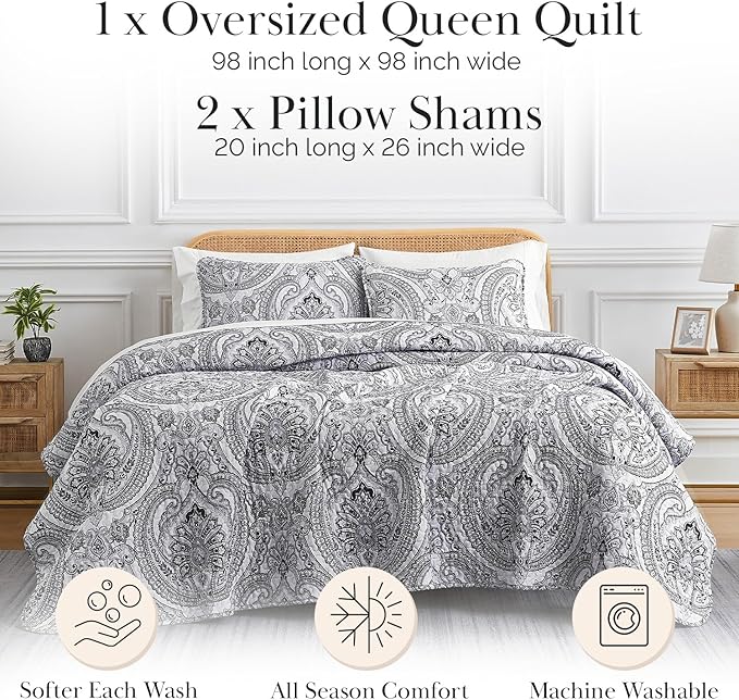 Southshore Fine Living, Inc. Paisley Quilt Bedding Set, Black Quilt Queen Size, Boho Bedspread, Farmhouse Bedding 3-Piece Set with Two Matching Quilted Pillow Shams, Full/Queen Coverlet, Black