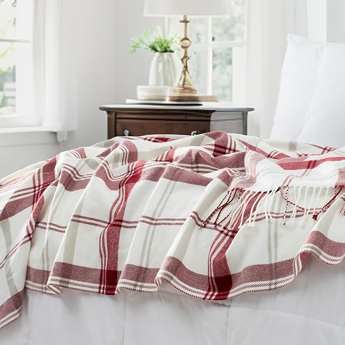 Red and White Plaid Throw Blanket for Couch,50"X60" Super Soft Cozy Warm Home Decorative Throws with Tassels for Bed Sofa Picnic