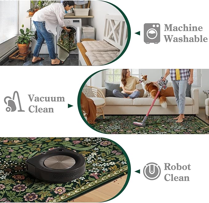 Moynesa Floral Washable 8x10 Rug, Large Rugs for Living Room, Green Soft 8 x 10 Boho Bedroom Rugs, Non Slip Botanical Ultra Thin Floor Carpet for Dining Room Nursery, Green