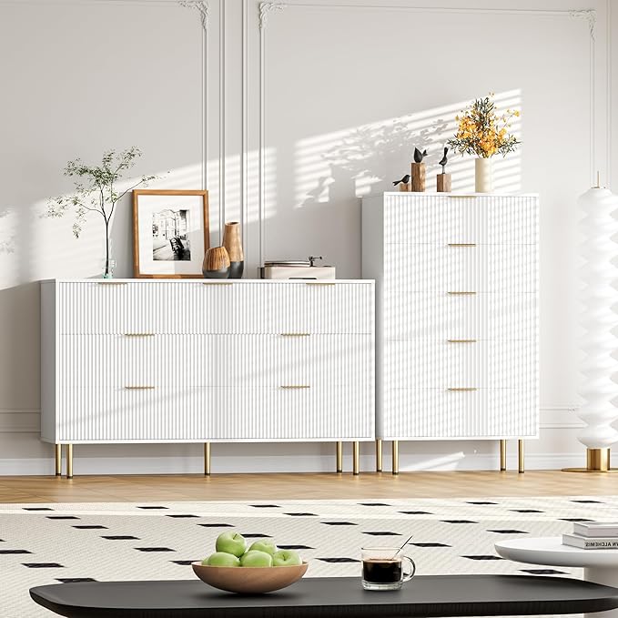 GarveeHome 6 Drawers Dresser for Bedroom, Fluted Dresser Chest of Drawers with Handle, Wood Modern Dressers for Closet, Bedroom Furniture Storage Organizer for Living Room, Hallway