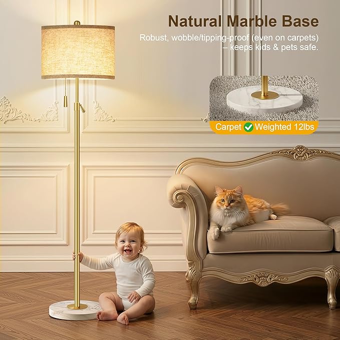Modern Gold Floor Lamp for Living Room - Adjustable Height Standing Lamp with Marble Base & Linen Shade, 3-Way Dimmable Tall Floor Light for Bedroom, Reading, Bulb Included