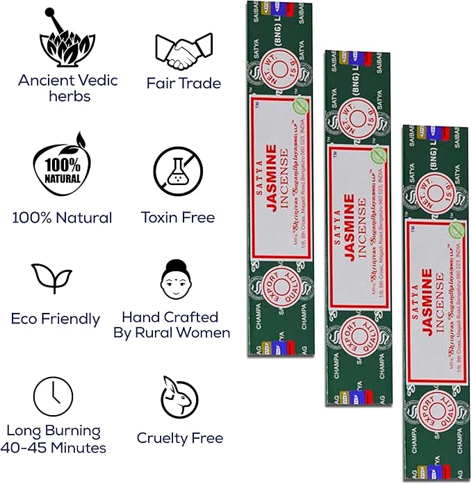 Satya Jasmine & Nagchampa Incense Sticks - 15gmx12 Pack with Raajsee Incense Holder