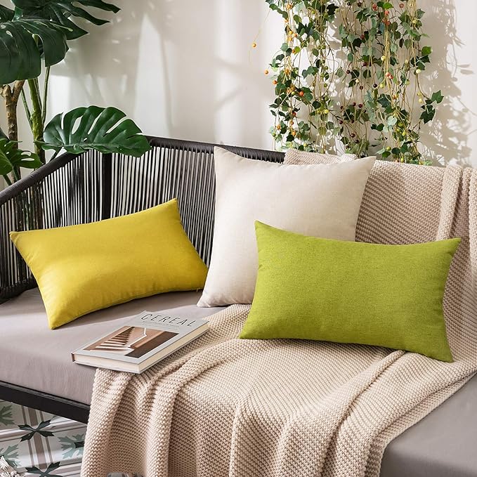 MIULEE Pack of 2 Decorative Outdoor Solid Waterproof Throw Pillow Covers Spring Faux Linen Garden Farmhouse Cushion Cases for Summer Patio Tent Balcony Couch Sofa 20x12 Inch Green