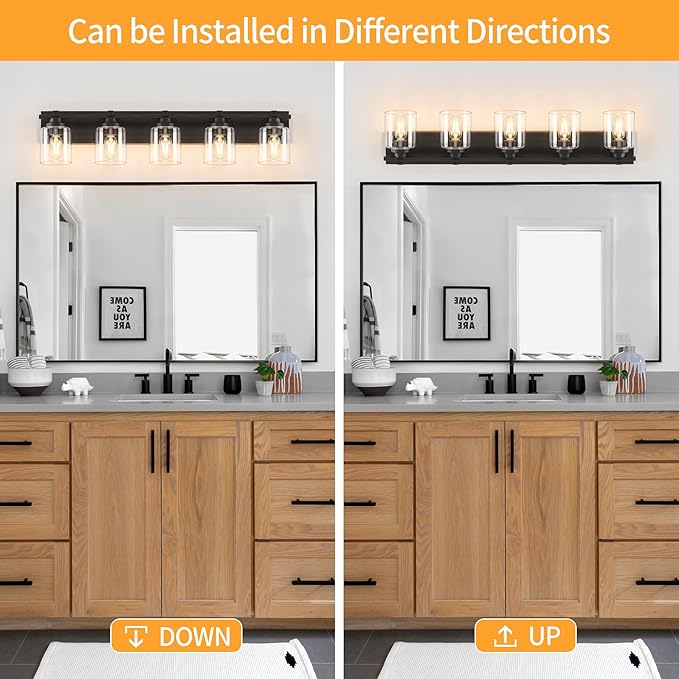 5 Light Modern Bathroom Light Fixtures Over Mirror, Black Vanity Lights for Bathroom Wall Sconces with Clear Glass Shades, E26 Socket (Bulbs Not Included)