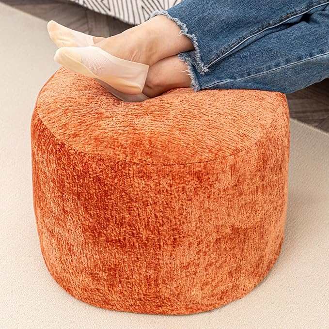 Round Boucle Pouf Ottoman Modern Foam Filled Foot Rest Multifunctional Foot Rest Coffee Table Floor Pouf Seat for Living Room Bedroom Orange