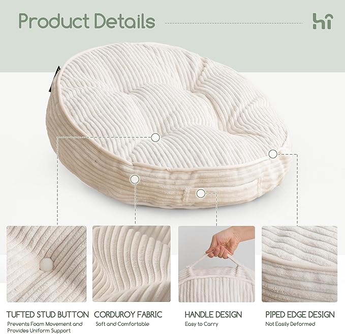 Washable Floor Pillow Cushion for Adults, Meditation Cushion Pillow, Large Round Floor Sitting, Removable Tufted Corduroy Cover, for Tatami Living Room or Yoga, 22x22 Inch, 2Pack, Machine Washable