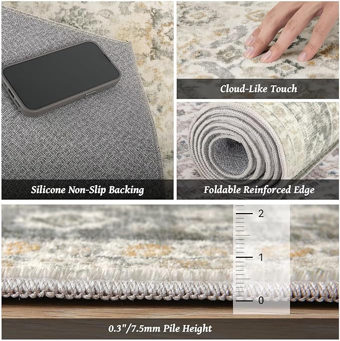 Washable 6x9 Area Rugs for Living Room, Boho Non-Slip Vintage Distress Large Rugs for Bedroom Dining Room Nursery Office, 0.3" Neutral Oriental Throw Thin Carpet, Grey/Beige/Orange/Multi