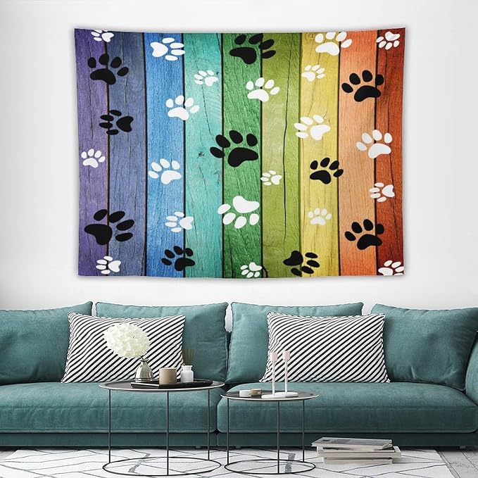 VUMIVI Dog Paw Tapestry Vintage Rustic Colorful Barn Boards Black White Animal Footprints Tapestry Wall Hanging for Living Room Bedroom Dorm Classroom Aesthetic Decor W80xL60in