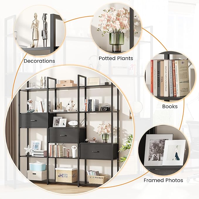Semoic Triple Wide 6 Tiers Industrial Book shelf with 3 Drawers and Storage Shelves, 73.6" Tall Bookcase with 16 Open Display Shelves, Large Etagere Bookshelf with Metal Frame for Home & Office, Black