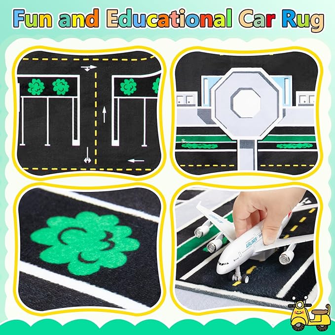 Kids Rug, Airport Rug & Play Mat, 6x9 Ft Road Carpet for Kids with Combined City Traffic & Airport Runway, Non-Slip Playmat for Playroom, Classroom, and Bedroom
