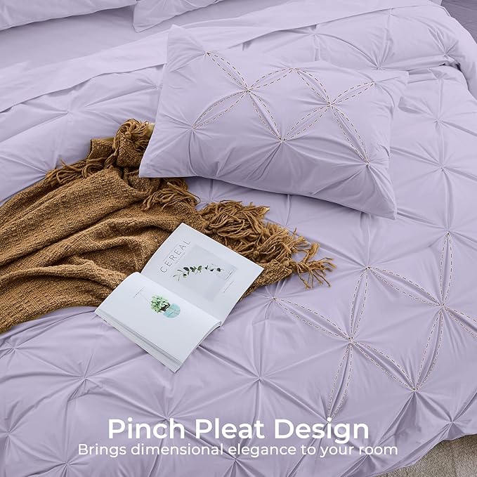 Sasttie King Size Comforter Set, 7-Piece Bed in a Bag, Pintuck Bedding Sets for All Season, Includes Comforter, Flat Sheet, Fitted Sheet, Pillowcases and Pillowshams, Lavender