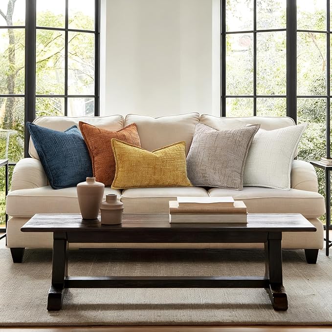 decorUhome Chenille Spring Throw Pillow Covers 20x20 Set of 2, Thick Textured Slubby Neutral Decorative Pillow Covers with Elegant Design for Couch, Sofa, Living Room, Navy Blue