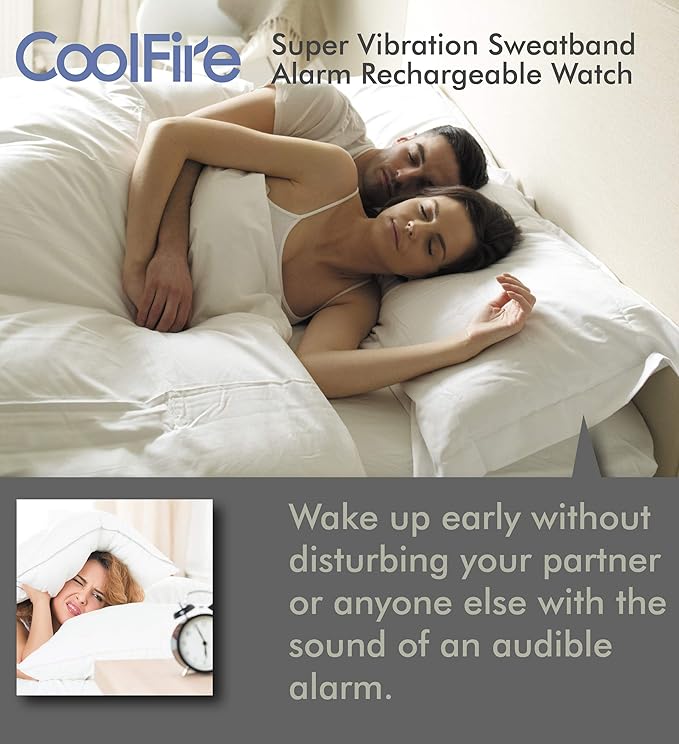 Coolfire Vibrating Alarm Clock - Silent Alarm Wristband Vibrating Alarm Watch. Silent Wrist Shock Alarm Clock. Vibration Alarm Bracelet Deep Sleeper & Vibrate Alarm (Black) (Black)
