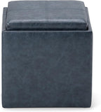 SIMPLIHOME Rockwood Cube Storage Ottoman with Tray - 17 inch Wide Upholstered Vegan Leather Square Storage Ottoman in Denim Blue, Contemporary Cube Ottoman for Living Room with Serving Tray