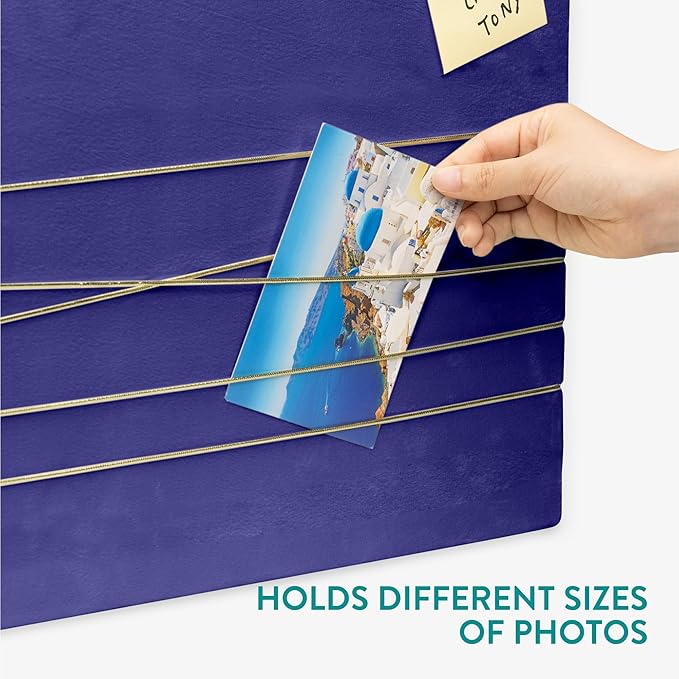 Navaris Fabric Memo Bulletin Board - 12" x 17" Velvet Memory Board for Wall to Display Photo Collages, Pictures, Notes - Includes 6 Push Pins - Dark Blue