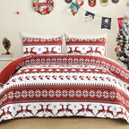 Exclusivo Mezcla Reversible Christmas Quilts Queen Size, Red Bedspread Lightweight Coverlet Winter Quilt Bedding Set with Printed Striped Reindeer Snowflakes Pattern (1 Quilt, 2 Pillow Shams)