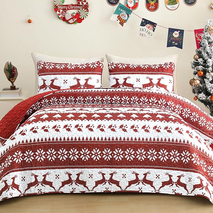 Exclusivo Mezcla Reversible Christmas Quilts Twin Size, Red Bedspread Lightweight Coverlet Winter Quilt Bedding Set with Printed Striped Reindeer Snowflakes Pattern (1 Quilt, 1 Pillow Sham)