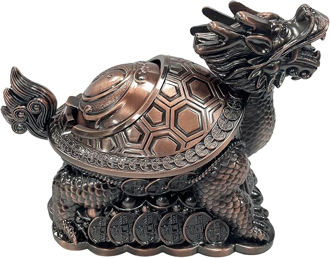 Feng Shui Dragon Turtle Multi Functional Metal Statue Wealth Prosperity Sculpture with Set of 5 Lucky Charm Ancient Coins on Red String Best Housewarming Congratulatory Gift Home Decor (D1 Bronze)
