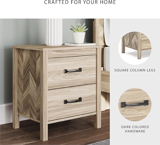 Signature Design by Ashley Battelle Mid-Century Modern Nightstand with Chevron Pattern, 2 Storage Drawers, Dark-Color Hardware, Wood, 24.5" High, Light Brown