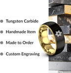 Mezuzah star Of David Ring - Gift for Jewish Family - Flat Dome Bevel - 8mm - Men Women - Yellow Gold Black Silver Blue - Anniversary Wedding - Personalized Custom Engraving - Band - Brushed Polished