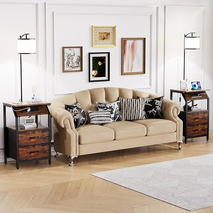 End Table with Floor Lamp, Nightstand with Charging Station, Floor Lamp Table with 3-Color Temperature Bulb, Bedside Table Night Stand with 2 Drawers for Bedroom, Living Room, Brown