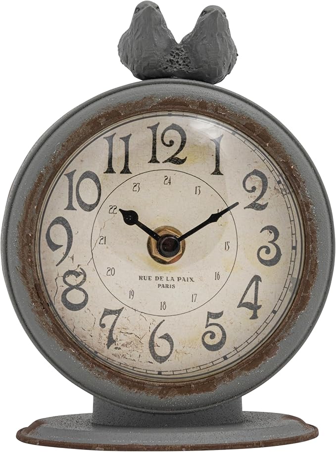Creative Co-Op Grey Pewter Mantel Clock with Birds
