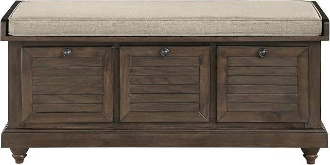OSP Home Furnishings Dover Coastal Lift-Top Storage Bench with Shutter Face Styling, Dark Walnut Finish with Beige Fabric Cushion