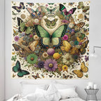 Ambesonne Boho Tapestry Queen Size, Dancing Moth and Butterfly with Colorful Leafy Jumble Flowers Witchcore, Wall Hanging Bedspread Bed Cover Wall Decor, 88" X 88", Fern Green Lilac Orange