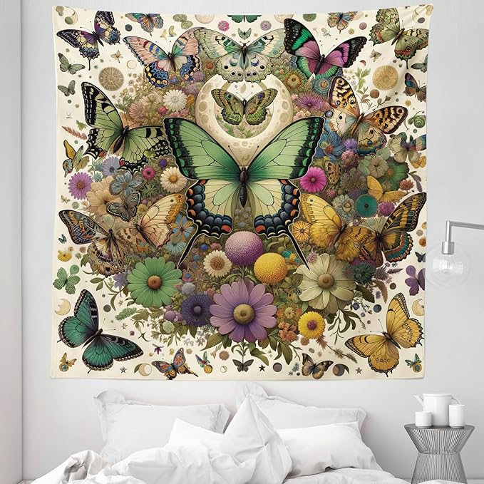 Ambesonne Boho Tapestry Queen Size, Dancing Moth and Butterfly with Colorful Leafy Jumble Flowers Witchcore, Wall Hanging Bedspread Bed Cover Wall Decor, 88" X 88", Fern Green Lilac Orange