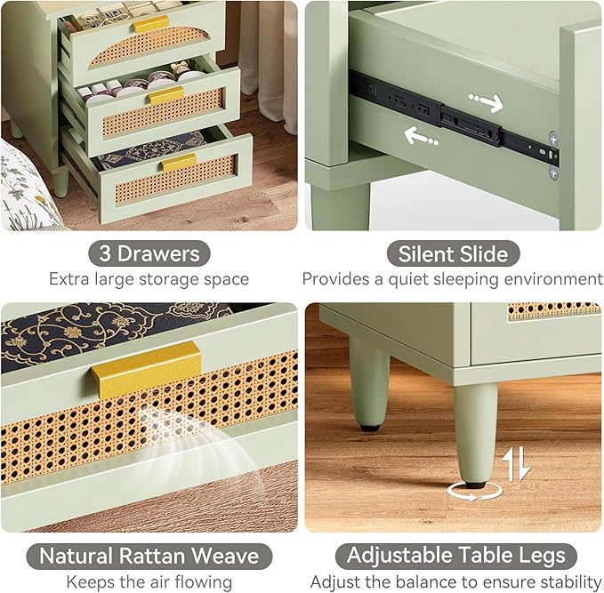 LITTLE TREE Rattan Nightstand Set of 2, Mint Green End Table with 3 Drawers for Couch, Wooden Bedside Table for Living Room, Bedroom, Easy Assembly