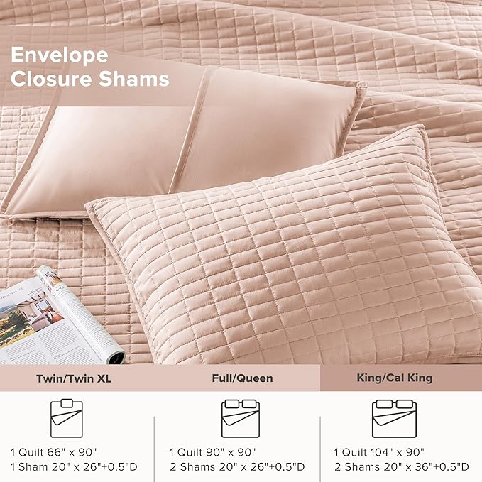 Comfort Spaces Kienna Quilt Set- Double Sided Stitching Design Summer Blanket, Lightweight, Soft, All Season Bedding Layer, Matching Sham, Blush, Coverlet King (104"x90") 3 Piece