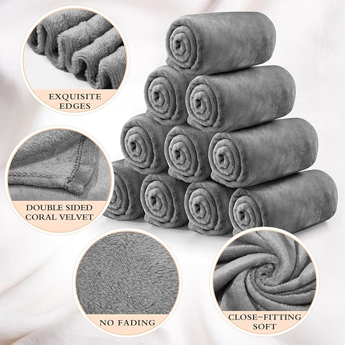 Tinideya 12 Pcs Flannel Fleece Throw Blanket Bulk 50 x 60 Inch Soft Fleece Blanket Warm Throw Blanket Coral Blankets for Couch Sofa Home Wedding Gifts Season (Light Gray)