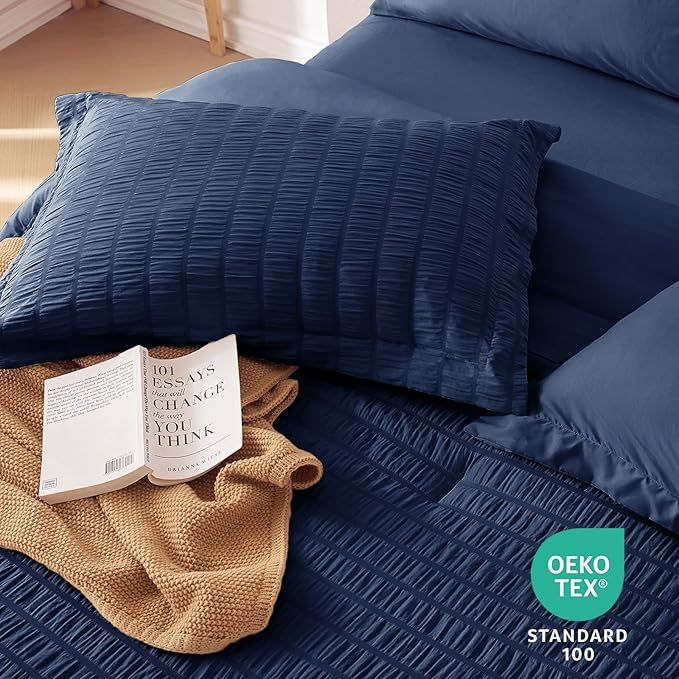 MUXHOMO 7 Pieces Queen Comforter Set, Seersucker Bed in a Bag Queen Size, All Season Luxury Bedding Set with Comforter, Flat Sheet, Fitted Sheet, Pillowcases & Shams, Navy Blue
