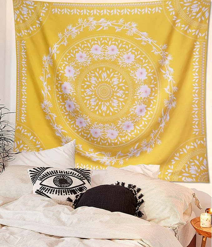 Lifeel Yellow Bohemian Tapestry Wall Hanging, Mandala Floral Medallion Hippie Tapestry with White Aesthetic Wreath Design, Gold Wall Decor Blanket for Bedroom Home Dorm,Large 68×80 inches