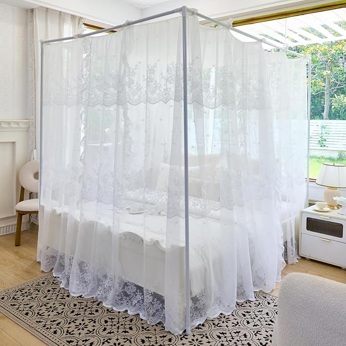 AIKASY Elegant Lace Princess 4-Poster Bed Canopy Mosquito Net - Romantic Wedding Bridal Bedroom Decor, Kids Room Bed Curtain for Women Adults - (White1,King)