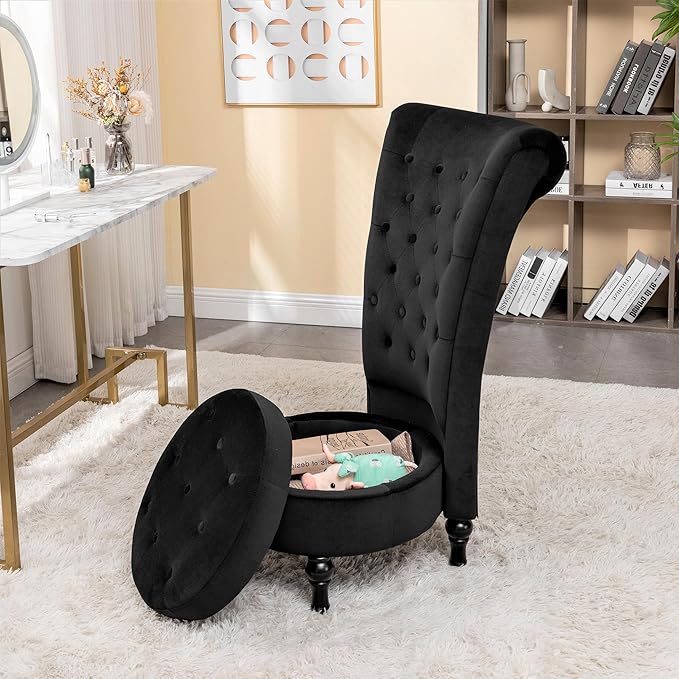 Royal High-Back Velvet Accent Chair for Vanity with Storage and Luxurious Upholstery, Retro Design and Versatile Usage for Living Room, Bedroom, Lounge and Office, Black