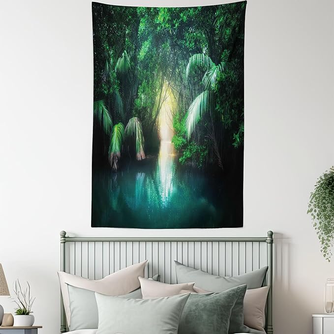 Ambesonne Jungle Tapestry Queen Size, Tropical Lake Mangrove Rainforest Pathway Through Sri Lanka Travel Destination, Wall Hanging Bedspread Bed Cover Wall Decor, Queen Size, Green Teal