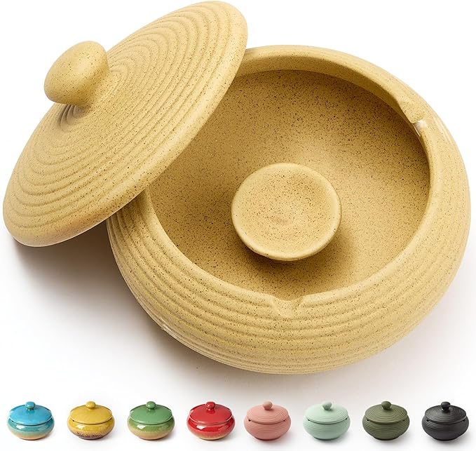 Ashtray with Lid for Outside Patio, Windproof Ash tray, Ceramic Smokeless Ashtray for Outdoor Home Office Tabletop Patio Outdoor Balcony, Ginger Yellow