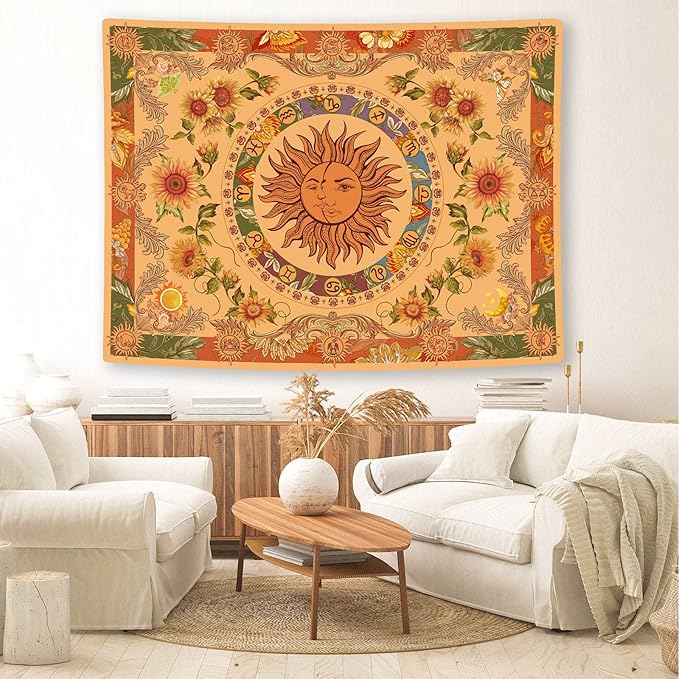Accnicc Yellow Sun and Moon Tapestry Vintage Indie Boho Tapestry Wall Hanging with Sunflowers Butterfly Moth Constellation Aesthetic Wall Tapestries for Bedroom Dorm Living Room (Orange, 80'' × 60'')