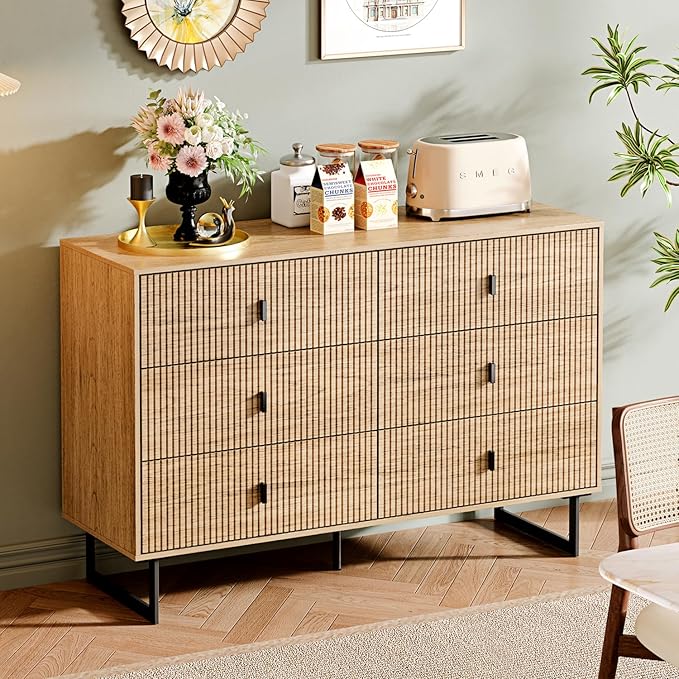 6 Drawer Dresser,47" Wide Mid Century Chest of Drawers,Wooden Bedroom Drawer Dresser with 6 Storage Drawers for Bedroom,Living Room,with Anti-Tipping Device,Warm Wood