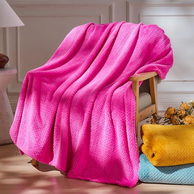 NEWCOSPLAY Super Soft Queen Blanket Hot Pink Premium Silky Flannel Fleece Leaves Pattern Lightweight Bed Blanket All Season Use (Hot Pink, Queen(90"x90"))