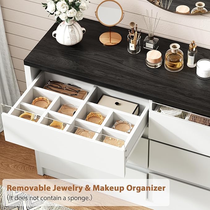 Modern LED 6 Drawer Dresser for Bedroom, White Large Chest of Drawers with Hidden Handles, Long Double Wooden Dresser Closet for Living Room, Entryway, Hallway - White