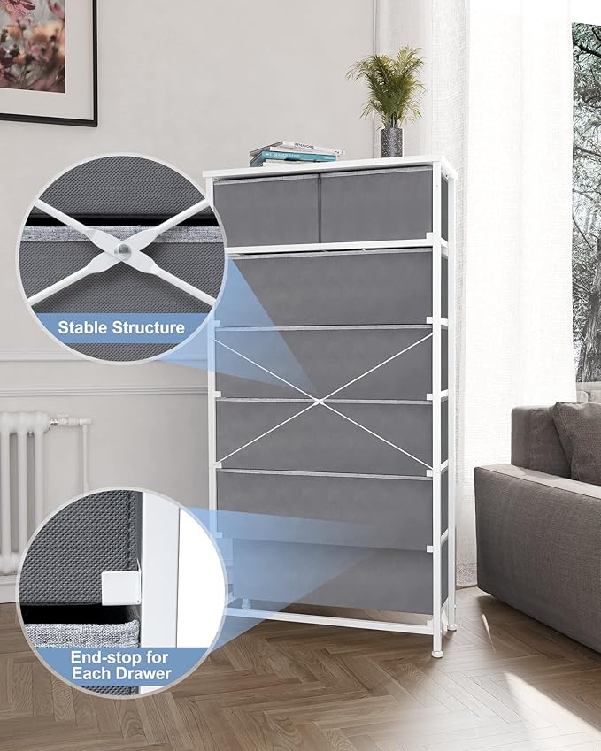 Crestlive Products Vertical Dresser Storage Tower - Sturdy Steel Frame, Wood Top, Easy Pull Fabric Bins, Wood Handles - Organizer Unit for Bedroom, Hallway, Entryway, Closets - 7 Drawers (Light Gray)