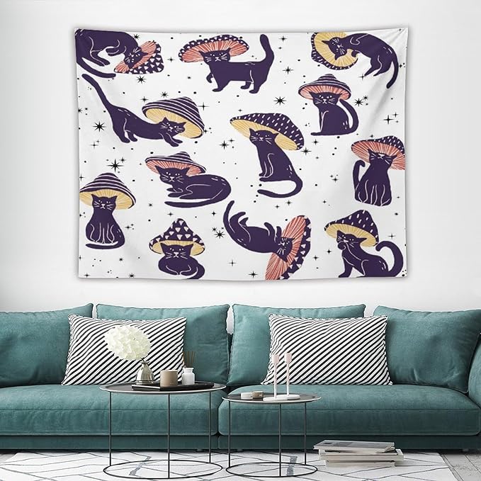 VUMIVI Funny Cat Mushroom Tapestry Retro 70s Hippie Style Cute Black Kitten Star Aesthetic Art Print Tapestry Wall Hanging for Living Room Bedroom Dorm Classroom Aesthetic Decor W80xL60in