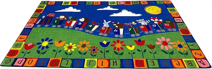 KIDCARPET.COM On The Train Rectangle Classroom Rug | Bordered Area Rug for Preschool Daycare Learning, 7'6" x 12'